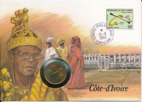 Elefántcsontpart felbélyegzett borítékban, bélyegzéssel, benne Nyugat Afrikai Államok 1990. 25Fr, német nyelvű leírással T:UNC Ivory Coast in envelope with stamp and cancellation, in it West African States 1990. 25 Francs with German language description C:UNC