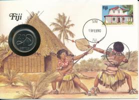 Fidzsi-szigetek 1987. 20c Cu-Ni "II. Erzsébet", felbélyegzett borítékban, bélyegzéssel, német nyelvű leírással T:UNC, patina Fiji 1987. 20 Cents Cu-Ni "Elizabeth II" in envelope with stamp and cancellation, with German description C:UNC, patina