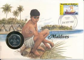 Maldív-szigetek 1982. 1R acél felbélyegzett borítékban, bélyegzéssel, német nyelvű leírással T:UNC Maldives 1982. 1 Rufiyaa steel in envelope with stamp, cancellation and a prospectus in german C:UNC