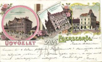 1899 Zalaegerszeg a Pénzügyigazgatósággal, az Arany Bárány szállóval és az új városházával litho (cut)