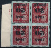 1945 Kisegítő bélyegek 20P/30f ívszéli 4-es tömb fordított felülnyomással (100.000) (törés / folded)