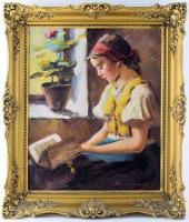 Bendéné Kovacsev Friderika (1891-1975): Olvasó kislány. Olaj, vászon, jelezve jobbra lent. 60x50 cm. Dekoratív fakeretben.
