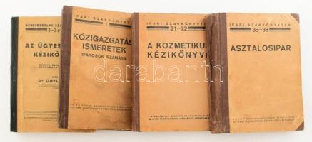 Az Ipari Szakkönyvtár 3 kötete és a Kereskedelmi Szakkönyvtár 1 kötete: Közigazgatási ismeretek iparosok számára + A kozmetikus kézikönyve + Asztalosipar + Az ügyes eladó kézikönyve. Bp., é.n., Ipari Tanfolyamok Országos Vezetősége, A Kereskedelmi Szakkönyvtár Szerkesztőbizottsága. Kiadói félvászon-kötések, vegyes állapotban, elváló gerinccel, intézményi bélyegzővel.