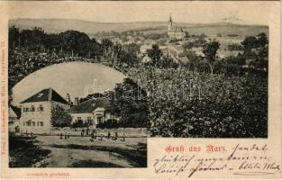 Márcfalva, Marz; Villa Suess, látkép, templom. Kiadja C. Ledermann / general view, church and villa (Rb)