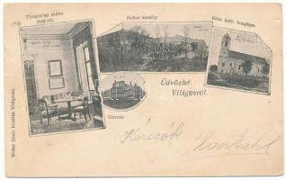 1906 Világos, Siria; Bohus kastély, Római katolikus templom, Fegyverletételi aláíró-szoba, várrom. Weber János kiadása / castle, Catholic church, armistice signing room, castle ruins (lyukak / pinholes)