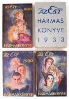1930 Az Est hármaskönyve I-III. köt. Szerk.: Mikes Lajos. I. köt.: A férfi. II. köt.: A nő. III. köt.: A gyermek. Bp., 1930.,Est, (Athenaeum-ny.), 319+1 p.; 319+1 p.; 191+1 p. Gazdag képanyaggal illusztrált. Kiadói illusztrált papírkötések, kissé kopott borítókkal, enyhén foltos gerincekkel. + Az Est hármaskönyve 1933. A Jókedv Könyve. Bp., 1933, Est. Gazdag képanyaggal. Kiadói papírkötés.