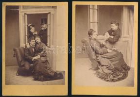 cca 1870-1880 Fiatal jegyespár, az egyik képen a szülőkkel, 2 db keményhátú fotó, jelzés nélkül, 16x11 cm