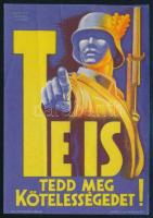 cca 1942 Légrády Sándor (1906-1987): ,,Te is tedd meg kötelességedet!", II. világháborús propaganda plakátról készült kisméretű, színes nyomtatvány, 12x8 cm