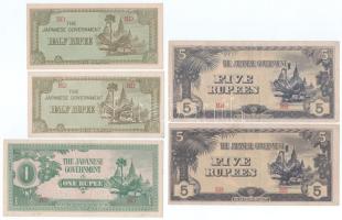 Mianmar / Japán megszállás DN(1942) 1/2R "BD" (2x) + 1R "BD" + DN(1942-1944) 5R "BB" (2x) T:AU-F szép papír Myanmar / Japanese Occupation ND(1942) 1/2 Rupee "BD" (2x) + 1 Rupee "BD" + ND(1942-1944) 5 Rupees "BB" (2x) C:AU-F, fine paper Krause P#13, P#14, P#15