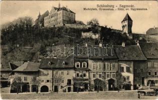 Segesvár, Schässburg, Sighisoara; Marktplatz, Gymnasium. H. Zeidner / Fő tér, evangélikus főgimnázium, Franz Wohl, F. Lingner üzlete, sörcsarnok / market square, Lutheran high school, shops, beer hall