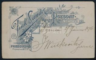 1896 Férfiportré, keményhátú fotó Fink Sándor pozsonyi műterméből, hátoldalon feliratozva, 10,5×6,5 ...