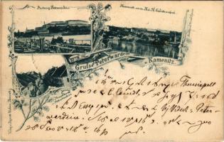 1898 (Vorläufer!) Pétervárad, Peterwardein, Petrovaradin (Újvidék, Novi Sad); Festung, Kamenitz mit der Cadettenschule, Hauptstrasse / Kamánc, Osztrák-magyar hadapródiskola, Fő utca. Ignatz Urban kiadása / fortress, K.u.K. military cadet school, main street. Art Nouveau, floral (EK)