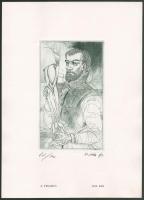 Kass János (1927-2010): A. Vesalius portréja. Rézkarc, papír, jelzett, számozott (60?/100). 19x11 cm. 12 híres orvos mappából.