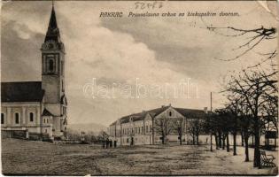 1914 Pakrác, Pakrac; Pravoslavna crkva sa biskupskim dvorom / ortodox templom, püspöki palota Kiadja A. Fuchs / Orthodox church, bishop's palace + "PAKRACZ - BARCS 139 SZ" vasúti mozgóposta bélyegző (EM)