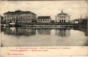 Lugos, Lugoj; Kön. Obergymnasium, Stadttheater / Főgimnázium, városi színház. Nemes Kálmán kiadása / grammar school, theatre (EK)