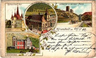 1897 (Vorläufer) Brassó, Kronstadt, Brasov; Katalin kapu, Evangélikus templom, Fekete és fehér torony, Lövölde / Katharinen Thor, Kirche, schwarzer und weisser Thurm, Schützenhaus / gate, church, towers, shooting hall. Alex J. Klein Art Nouveau, floral, litho (kopott sarkak / worn corners)