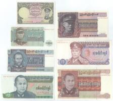 Mianmar / Burma 1958 1K + 1972-1986 1K - 35K (6xklf) T:UNC,AU, egyiken tűzőgéplyuk Myanmar / Burma 1958 1 Kyat + 1972-1986 1 Kyat - 35 Kyats (6xdiff) C:UNC,AU, one with stapler holes Krause P#46, P#56 - P#59, P#62, P#63