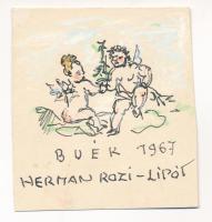 Hermann Lipót (1884-1972): Puttók, 1967. Tus, akvarell, papír, jelzett, Hermann Lipót autográf újévi köszöntő soraival. 8,5x7,5 cm