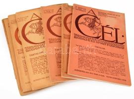 1913-1917 A Cél. Társadalmi, közgazdasági, szépirodalmi és sport folyóirat. 9 db vegyes szám (IV-VIII. évf.) + a VIII. (1917.) évfolyam tartalomjegyzéke. Kiadói papírkötés, vegyes állapotban.