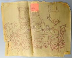 Muhits Sándor (1882-1956): Italozó társaság, kutyával és kölykeivel. Ceruza, hártyapapír, jelzés nélkül, sérült, 52,5×65 cm