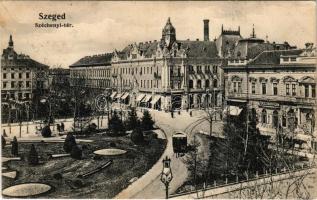 1908 Szeged, Széchenyi tér, lóvasút, Engelsmann Ádám üzlete. Grünwald Hermann kiadása (EK)