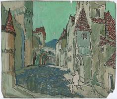 Muhits Sándor (1882-1956): Ódon utca. Tus, akvarell, hártyapapír, jelzés nélkül, sérült, 29×34 cm