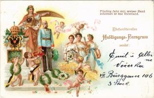 1898 (Vorläufer) 1848-1898 Fünfzig Jahr mit weiser Hand schirmet er das Vaterland. Huldigungs-Ferngruss. 50 jahre / Franz Joseph's 50th anniversary of reign. Art Nouveau, floral, coat of arm, litho