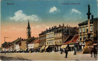 Sopron, Várkerület, villamos, piac, Lang Frigyes üzlete. Vasúti levelezőlapárusítás 24. sz. - 1917. (EK)