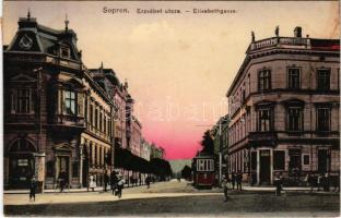 Sopron, Erzsébet utca, Váradi, Maggi reklámok, villamos. Piri Dániel kiadása 753. sz. (fl)