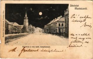1904 Munkács, Mukacheve, Mukacevo; Fő utca a római katolikus templommal télen este holdfényben, Wittelmann Samu üzlete. Bertsik Emil kiadása / main street, church in winter at night in moonlight, shops (b)