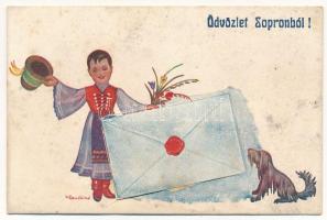 Sopron, népviseletes leporello, benne kőfejtő, Tómalom, magyar folklór s: Klaudinyi (tűnyomok / pinmarks)