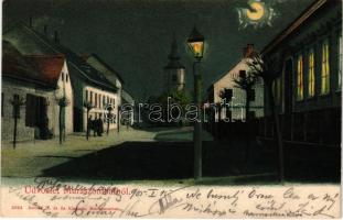 1905 Muraszombat, Murska Sobota; utca, templom este holdfényben. Ascher B. és fia kiadása / street view and church at night in moonlight