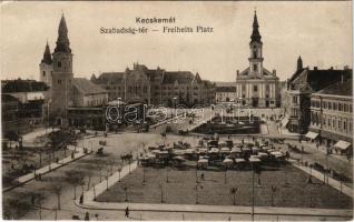 Kecskemét, Szabadság tér, piac, templomok, Fekete Soma üzlete és saját kiadása (EK)