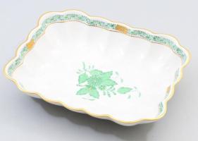 Herendi Apponyi zöld mintás kínáló, fodros peremmel, jelzett, hibátlan, 14x18 cm