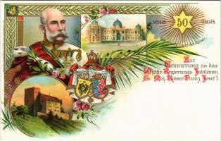1848-1898 Gott erhalte Franz den Kaiser. Zur Erinnerung an das 50 jähr. Regierungs Jubiläum Sr. Daj. Kaiser Franz Jose I. / Franz Joseph's 50th anniversary of reign. Art Nouveau, floral, coat of arm, litho (Rb)