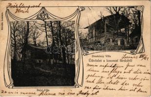 1905 Losonc, Lucenec; Losonci fürdő, Draskóczy villa, Bulyi villa. Kármán kiadása, szecessziós keret / spa, villas. Art Nouveau (EB)
