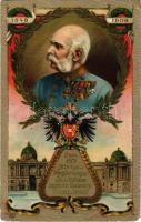 1848-1908 Zum 60 jährigen Regierungsjubiläum unseres Kaisers Franz Josef / Franz Joseph's 60th anniversary of reign. Art Nouveau, floral, coat of arm, Emb. litho (EK)