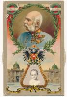 1848-1908 Zum 60 jährigen Regierungsjubiläum unseres Kaisers Franz Josef / Franz Joseph's 60th anniversary of reign, mechanical card. Art Nouveau, floral, coat of arm, Emb. litho