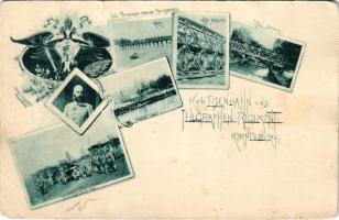 Korneuburg, K.u.K. Eisenbahn und Telegraphen Regiment,Telegraphen Bau, Pilotier Glied, Holz -Provisorium Über den Stockerauerarm, Kohn Brücke, Tiffel Brücke. Viribus unitis. Verlag v. J. Lederer / Cs. és kir. vasúti és távirati ezred szecessziós katonai képeslap / Austro-Hungarian military railway and telegraph regiment. Art Nouveau, floral (kis zsakadás / small tear)
