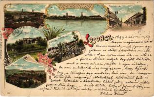 1899 (Vorläufer) Losonc, Lucenec; Prónay kastély, Kaszárnya, Kármán emlék, Gácsi utca / castle, K.u.K. military barracks, monument, street. Ottmar Zieher Art Nouveau, floral, litho (EK)
