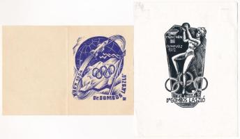 2 db olimpia témájú kisgrafika: Fery Antal (1908-1994): BÚÉK 1964, Olimpia, Dr. Gombos László. Fametszet, papír. Jelzett a metszeten. 7,5x6 cm + Várkonyi Károly (1910-2001): Ex libris Dr. Gombos László, München, Olimpiász 1972. Fametszet, papír. Jelzett a metszeten. 9,5x5 cm