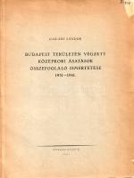 Garády Sándor: Budapest területén végzett középkori ásatások összefoglaló ismertetése 1931-1941. II. rész. Budapest, 1945. Fővárosi Múzeum (Budapest székesfőváros házinyomdája). [2] + 399-448 p. + 6 t. (ebből 4 kihajtható ásatási alaprajz és keresztmetszeti vázlat). Egyetlen kiadás. Garády Sándor (1871-1945) kultúrmérnök és régész. Régészeti munkásságát nyugdíjazása után fejtette ki, döntően Buda és Óbuda középkori és török kori ásatásain dolgozott. Oldalszámozáson belül igen gazdag egész oldalas és szövegközti leletfotókkal, alaprajzi és keresztmetszeti ábrákkal, ásatási felvételekkel illusztrált beszámolója a Tabánt érintő régészeti munkájának dokumentációja. A címlapon és a belív több oldalán régi gyűjteményi bélyegzés. Fűzve, enyhén sérült, kissé hiányos kiadói borítóban, jó példány.