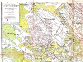 [Térkép] Budapest és környékének térképe. Tervezte: Stoits György. Mértéke: 1:25 000. (1938). Budapest, [1938]. Gergely Rezső könyvkereskedése - Közlekedési Nyomda Kft. Színes térkép, mérete: 900x1195 mm egy 950x1215 mm méretű térképlapon. Térképünk a XIV kerületre osztott Budapest teljes területét ábrázolja a környező településekkel (Kerepes, Rákoscsaba, Ecser, Vecsés, Gyál, Soroksár, Csepel, Nagytétény, Érd, Törökbálint, Budakeszi, Nagykovácsi, Solymár, Békásmegyer, Újpest). A vasútvonalak, a villamos- és autóbusz-hálózat; a beépített és beépítetlen, az erdős és parkosított területek, a jelentősebb középületek feltüntetésével (Parlament, Bazilika, Zsinagóga, Nemzeti Múzeum, Operaház, Millenniumi Emlékmű, Közlekedési Múzeum, OTI-székház, Központi Vágóhíd). 1938-ban keletkezett lapunk már Mussolini térként nevezi meg az Oktogont (1936), Horthy Miklós hídként hivatkozik a frissen elkészült nagykörúti hídra (1937). A Körönd egyelőre őrzi még politikamentes nevét, 1938-ban kapja csak meg Hitler Adolf nevét. A város határán kívül szőlőtelepek és menedékházak tűnnek fel. A hajtások mentén apró sérülések. Fabó-Holló 2509. Jó állapotú lap, vászonra vonva, hajtogatásnyomokkal.