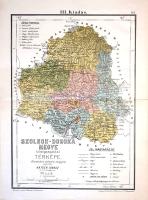[Térkép] Szolnok-Doboka megye közigazgatási térképe. Hivatalos adatok alapján rajzolta Hátsek Ignác térképész. Mértéke: 1:500 000. (1880/1886). Budapest, [1886]. Lampel Róbert (Wodianer F.) kiadása - Ullmann J. ny. Színes kőnyomat, mérete: 280x195 mm egy 350x260 mm méretű térképlapon. Az 1876. évi vármegyerendezés után szükségessé vált új, a közigazgatásban is haszonnal forgatható megyetérképeket készíteni. A térképgyűjtemények egyikét Hatsek Ignác (1828-1902) kartográfus készítette el, atlasza 1880-ban jelent meg, "A magyar szent korona országainak megyei térképei" címmel. Atlaszában térképei még csupán határszínezettek voltak, a térképek későbbi kiadásai viszont már színesek, és a közlekedési hálózat változásait is feltüntették. 1886-ból származó, III. kiadásból való megyetérképünkön példányunk a Belső-Szolnok és Doboka megyéből, valamint Kővárvidékből kialakított, észak-erdélyi Szolnok-Doboka megye területe tanulmányozható. Színes térképünk a hegy- és vízrajzi részleteken kívül feltünteti a megye járási beosztását, vasút- és közúthálózatát, rendezett tanácsú városait (Dést és Szamosújvárt), mezővárosait, falvait és pusztáit; romjait, fürdőhelyeit és csatatereit. Térképünk jelzi az 1884-ben bekövetkezett visszaminősítést is: a néprajzi szempontból kiemelt fontosságú, magyarok lakta Szék anyagi problémák miatt lemondott rendezett tanácsú városi rangjáról, térképünkön már mezővárosként szerepel. Egyes települések mellett az elérhető postai és távírdai szolgálatok is szerepelnek. Térképünkön jól tanulmányozható a megye vasúti infrastruktúrájának fejlődése, a megyében ez idő szerint egyetlen vasútvonal húzódik, a Kolozsvárról Szamosújváron át Désig futó vasútpálya a Szamos mentén. A döntően hegyek uralta megye területe domborzati szempontból satírozva, egyes csúcsok magasságának feltüntetésével, a szomszéd megyék vízrajzi, közlekedési és településhálózati részletei csupán jelzésszerűek. A térkép felirata a bal alsó sarokban, mellette jelmagyarázat. A lap oldalsó szélén, a szedéstükrön kívül apró pótlás. Jó állapotú térképlap, hajtásnyommal, hátoldalán illesztéssel és javítással.