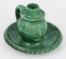 Cs. J. Csákvár férfi fej figurás gyertyatartó, mázhibákkal, d: 14 cm