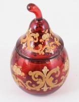 Szakított rubinüveg cukortartó, cca 19. sz., lepattanásokkal, m: 18 cm