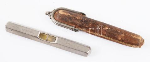 cca 1910 Mátra Feik és Tsa fém vízmérték, jelzett, bőr tokban, h: 9,5 cm