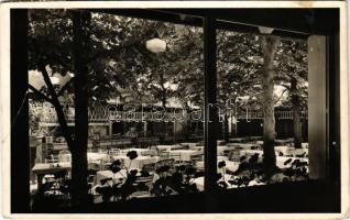 1949 Budapest XI. Ketter söröző a Négy Évszakhoz, kilátás a kerthelyiségre, belső. Horthy Miklós út 48. (ma Bartók Béla út) + "Boldog, erős, független Magyarországért az 5 éves tervvel" (EB)