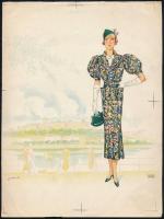 cca 1936 Pál György (1906-1986): Női divatillusztráció, háttérben a Duna és a Budai vár látképével. Próbanyomat (tükrözött). Bp., Globus-ny., 26,5x20 cm