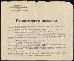cca 1910-1920 Fajegészségügyi tudnivalók, a budapesti Országos Hadigondozó Hivatal tájékoztatása, a lap széle kissé sérült, 17x20,5 cm